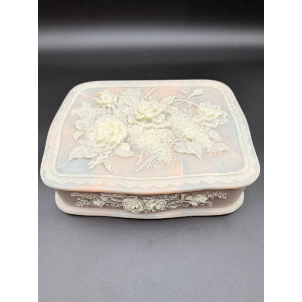 Vintage INCOLAY Pink Stone Flower‎ Bouquet Jewelry Trinket Box